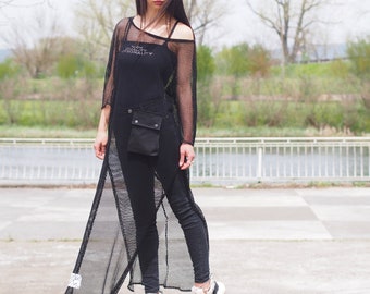 Women asymmetric tunic,Extravagant long mesh tunic,Women asymmetric top,black long mesh tunic