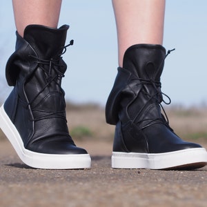 Echt leren damessneakers laarzen, zwarte echt leren sneakers laarzen, damessneakers laarzen, leren sneakers laarzen voor vrouwen