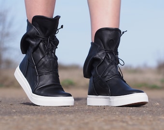 Womens Genuine Leather Sneakers Boots ,black Genuine Leather