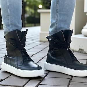 Men’s Black Leather Sneaker Boots, High Top Leather Sneakers, Handmade Designer Sneakers, Casual Leather Boots for Men image 5