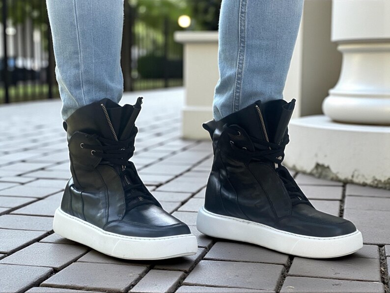 Men’s Black Leather Sneaker Boots, High Top Leather Sneakers, Handmade Designer Sneakers, Casual Leather Boots for Men image 5