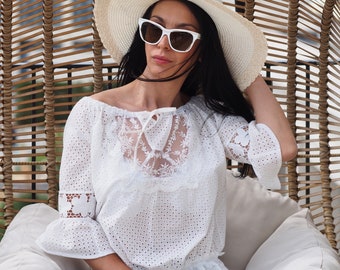 Women White Boho Lace Shirt,White romantic cotton lace shirt for women,White boho lace blouse,White boho top,White cotton lace blouse women