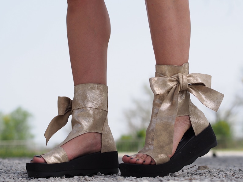 Women's Genuine Leather Summer Boots,Gold leather summer booties,Leather Sandals for women,Leather wedges sandals,Peep Toe Boot image 1