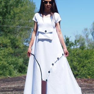 White Maxi Cotton Dress with Buttons and Front Pocket – Casual Summer Dress with Unique Design