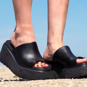 Women genuine leather wedges sandals,Black Leather sandals,Women platform sandals,Women open toe wedges,Leather Wedges sandals for women image 7