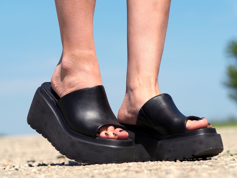 Women genuine leather wedges sandals,Black Leather sandals,Women platform sandals,Women open toe wedges,Leather Wedges sandals for women image 7
