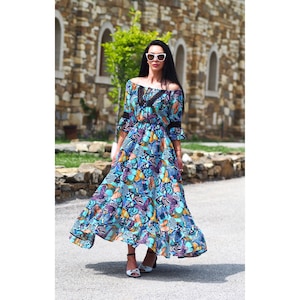 Colorful Boho Off Shoulder Maxi Dress – Butterfly Print Summer Dress with Flared Sleeves