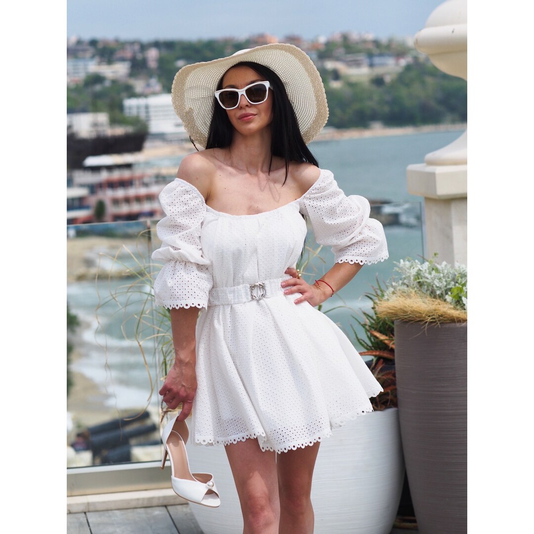 White Cotton off Shoulder Mini Dress – Embroidered Eyelet Summer