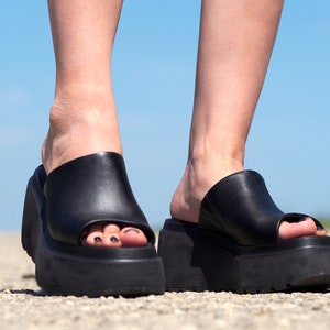 Women genuine leather wedges sandals,Black Leather sandals,Women platform sandals,Women open toe wedges,Leather Wedges sandals for women image 5
