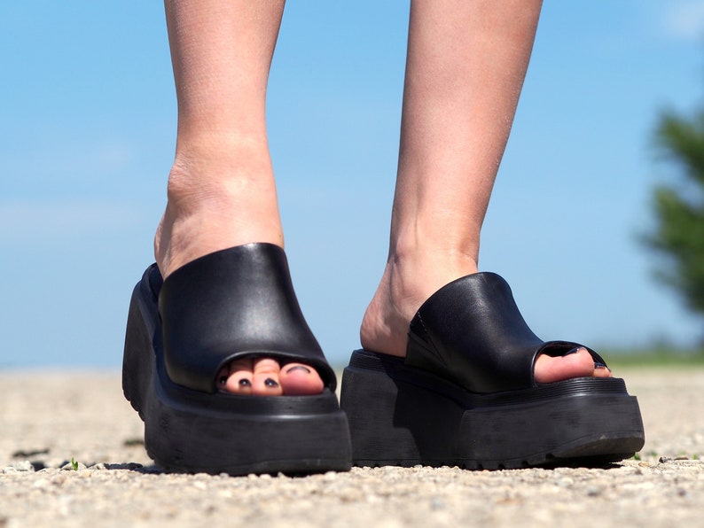 Women genuine leather wedges sandals,Black Leather sandals,Women platform sandals,Women open toe wedges,Leather Wedges sandals for women image 5