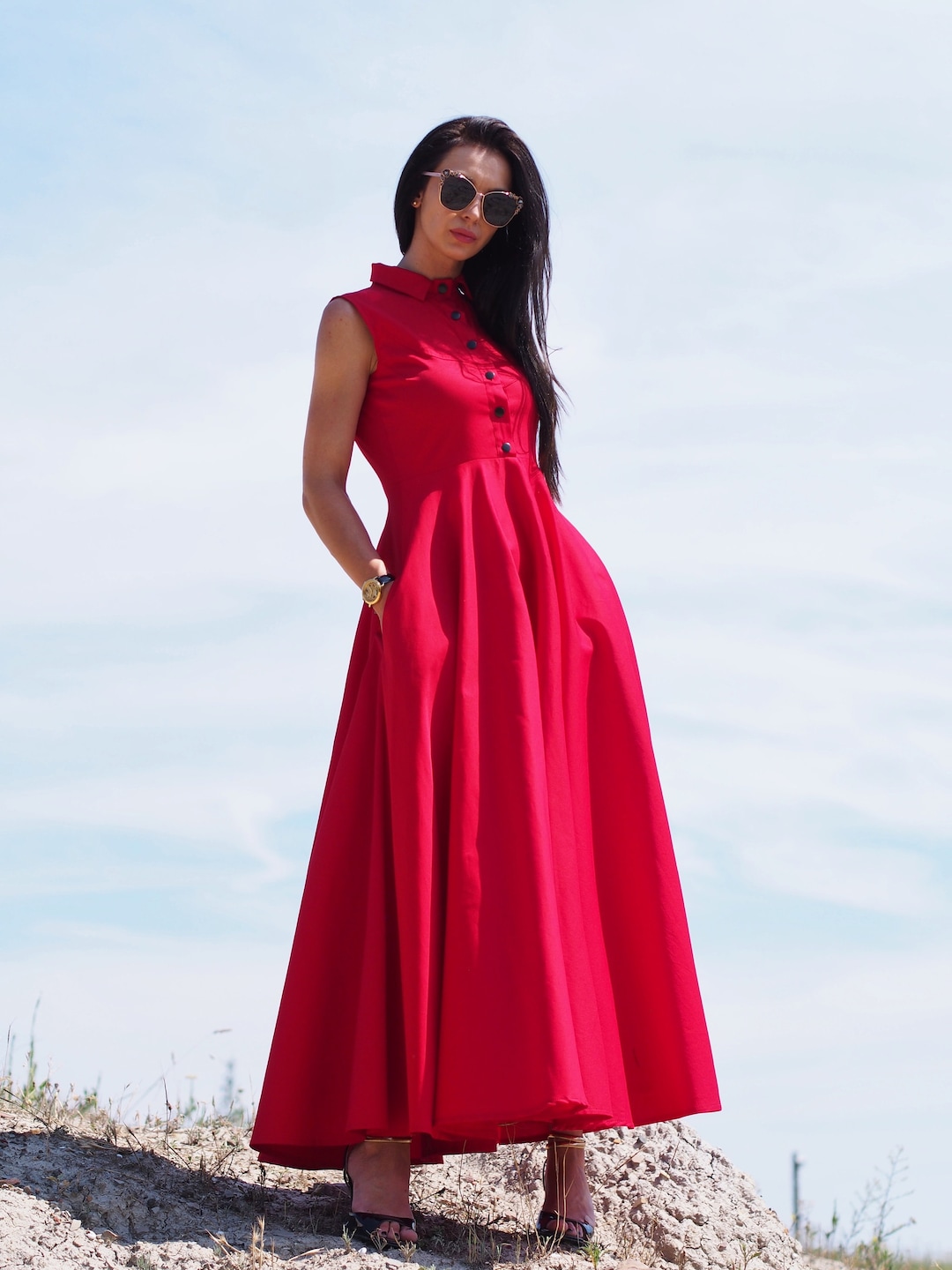 fitted lace wedding dress Sydney | Red Belted Maxi Shirt Dress