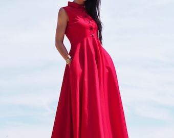 Sleeveless red Shirt Dress-Elegant Collared Maxi Dress with Buttons -Summer A-Line Cotton Dress,Long red Maxi dress,Women's flared red Dress Sleeveless red Shirt Dress-Elegant Collared Maxi Dress with Buttons -Summer A-Line Cotton Dress,Long red Maxi dress,Women's flared red Dress