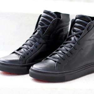 Black genuine leather sneakers,Women genuine leather sneakres,Extravagant black leather sneakers