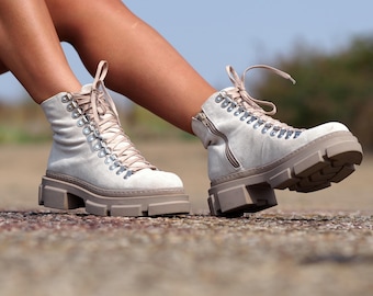 Extravagante Beige Echtleder Damenstiefel,Lederstiefel für Frauen,Leder Winterstiefel,Damen Leder Stiefeletten,Frauen Lederstiefel