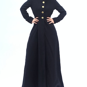 Black Wool Coat – Long Winter Overcoat – Women’s Full Length Wool Trench with Gold Buttons – Elegant Maxi Coat
