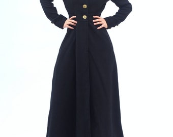 Black Wool Coat – Long Winter Overcoat – Women’s Full Length Wool Trench with Gold Buttons – Elegant Maxi Coat