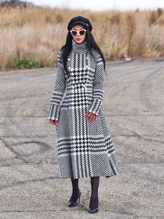 Extravagant Long Wool coat for women,Women black white wool coat,Long winter wool coat,women wool coat,Long wool maxi coat
