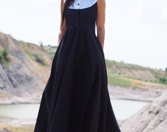 Black Sleeveless Vintage A-line Maxi Dress With White Collar Elegant Gothic Inspired Summer Dress With Buttons - Etsy Black Sleeveless Vintage A-line Maxi Dress With White Collar Elegant Gothic Inspired Summer Dress With Buttons - Etsy