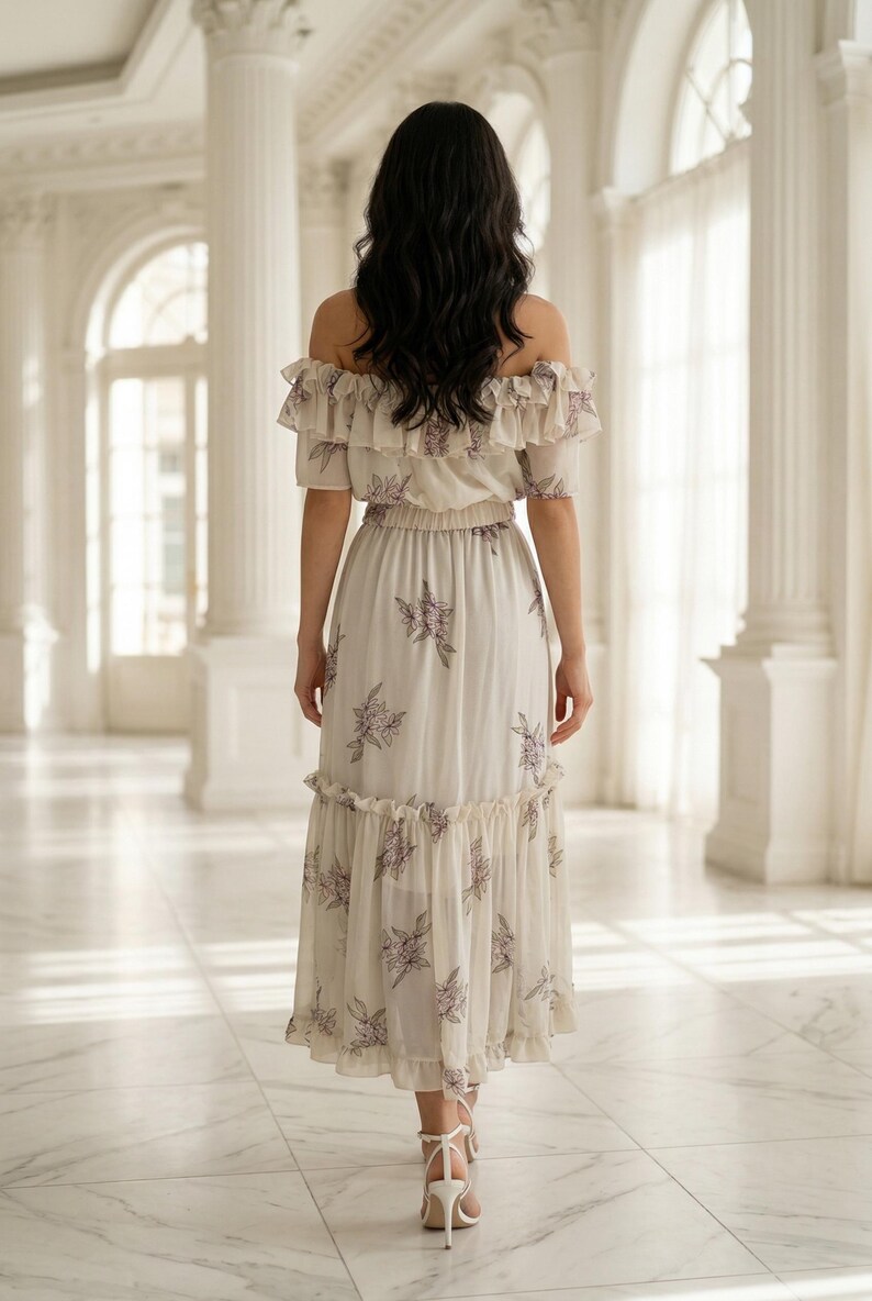 May include: An off-the-shoulder midi dress in a light cream color featuring a dark floral print. The garment includes a ruffled neckline, an elasticized waist, and a tiered skirt with a ruffled hemline, viewed from the back.