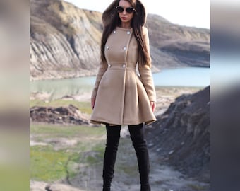 Women wool hooded coat, Elegant Beige  wool coat, Women Winter Wool Coat, Double breasted wool coat ,Women winter coar,Wool coat for women