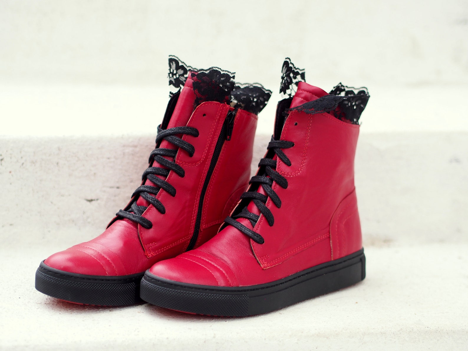 Red Genuine Leather Sneakerswomen Genuine Leather Etsy