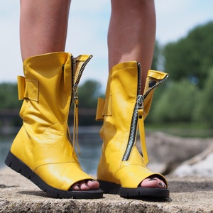 Yellow Genuine leather summer boots,Leather Gladiator Sandals,Peep Toe Boots,Open Toe Boot,Ankle Sandals,Steampunk Shoes,Gothic Sandals image 2