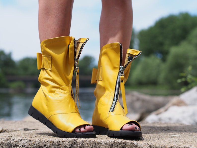 Yellow Genuine leather summer boots,Leather Gladiator Sandals,Peep Toe Boots,Open Toe Boot,Ankle Sandals,Steampunk Shoes,Gothic Sandals image 2