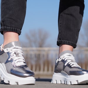 Woman genuine leather sneakers,Silver genuine leather sneakers, extravagant genuine leather sneakers, Women leather sneakers