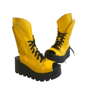 Yellow leather platform boots,womens handmade summer shoes open toe,ankle leather sandals