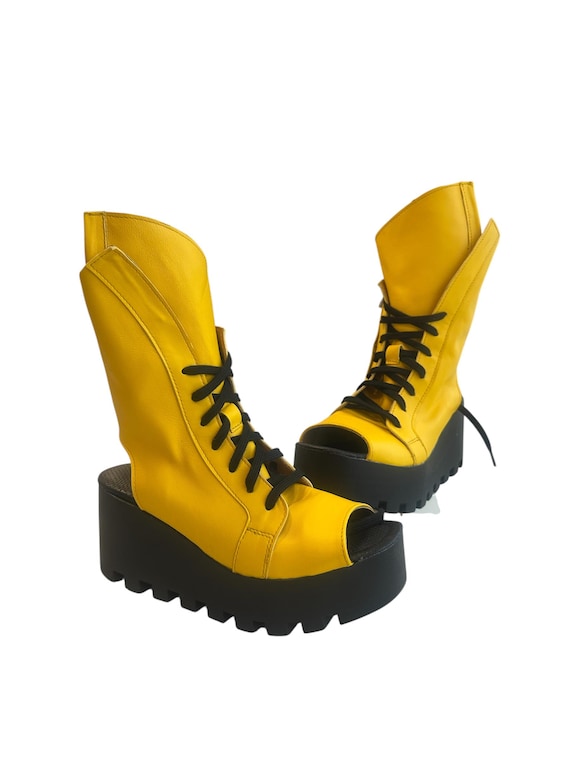 Yellow Leather Platform Boots Women, Peep Toe Lace up Boots, Wedge