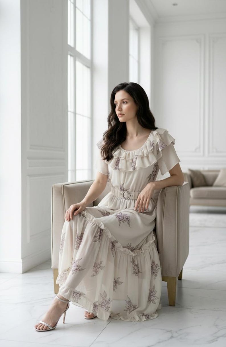 May include: A cream-colored dress with a floral pattern and a belted waist. The dress features short sleeves, ruffles, and a flowing skirt. The woman is wearing silver high heels.