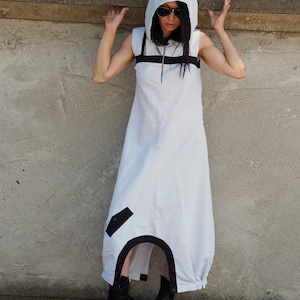 White Hooded Drop Crotch Dress – Sleeveless Avant-Garde Maxi Dress with Black Details – Futuristic Streetwear Fashion
