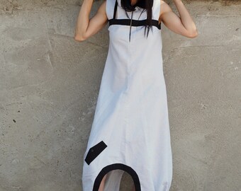 White Hooded Drop Crotch Dress – Sleeveless Avant-Garde Maxi Dress with Black Details – Futuristic Streetwear Fashion