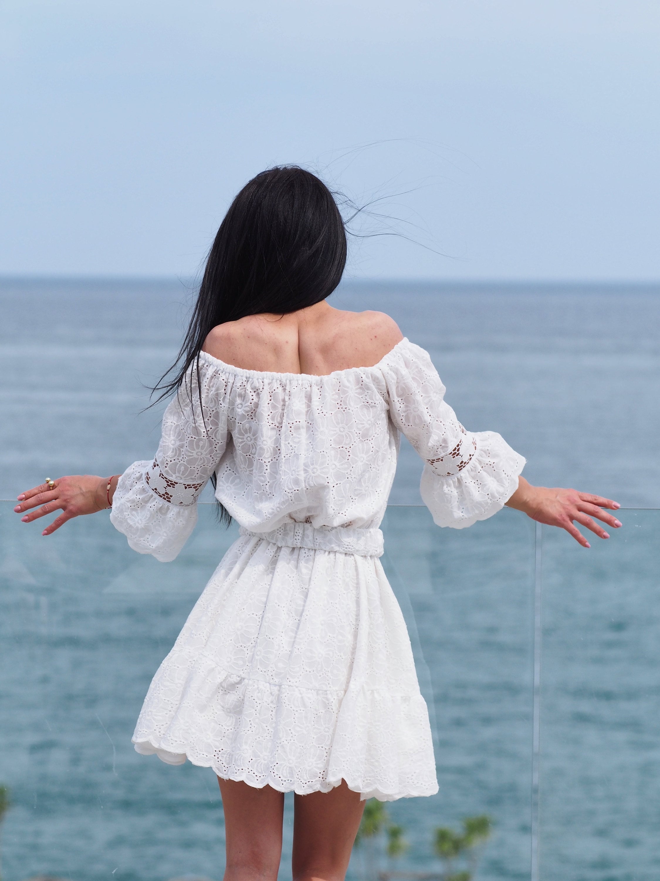 boho off shoulder white lace women summer dress Boho White Off-shoulder Cotton Lace Dress  Summer Cotton Lace Dress With  Ruffle Sleeves-embroidered Summer Dress boho Short Sundress