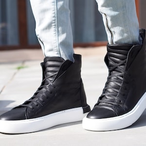 Men's Genuine leather Sneakers Boots,Mens Leather boots,Black leather boots for mens,Handmade SNEAKERS ,Men leather boots,Men's Casual boots