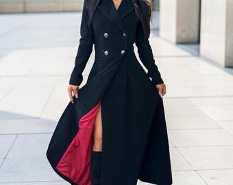 Langer schwarzer Wollmantel mit rotem Futter | Handgemachter Wintermantel Damen | Designer Wollmantel