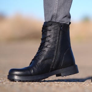 Men’s Black Leather Combat Boots | Handmade High Top Military Style Boots | 100% Genuine Leather | Durable Winter Fashion Shoes