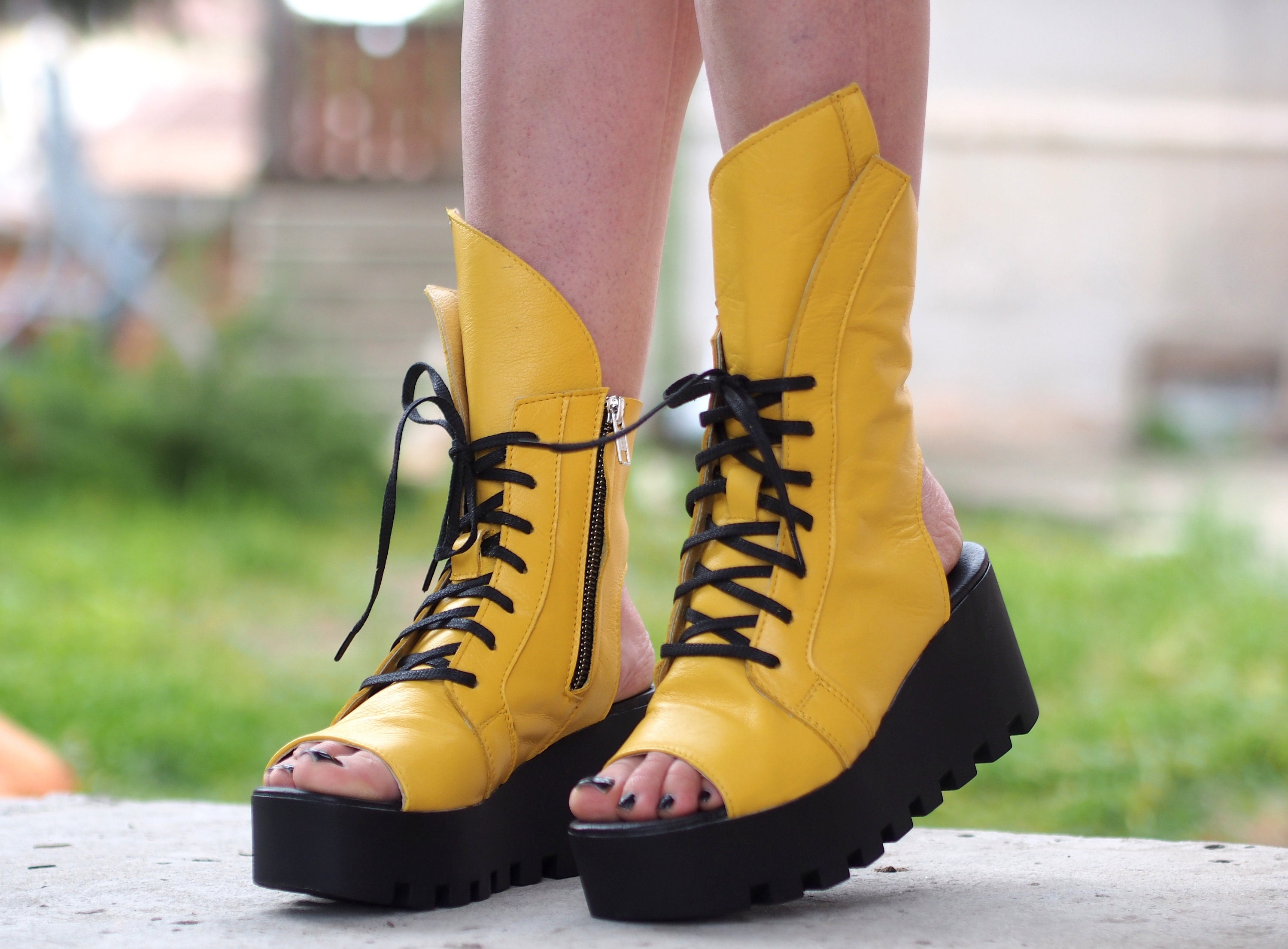 Yellow Leather Platform Boots,womens Handmade Summer Shoes Open