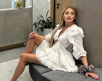 White Eyelet Mini Dress with Ruffles – Embroidered Cotton  Lace dress – Summer Cocktail Dress – Puff Sleeves – Romantic Boho Dress
