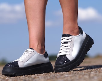 Unique Genuine Leather sneakers for Women,Women's leather sneakers,Leather sneakers for women,Extravagant black leather sneakers