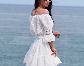 Boho White Off-shoulder Cotton Lace Dress  Summer Cotton Lace Dress With  Ruffle Sleeves-embroidered Summer Dress boho Short Sundress - Etsy