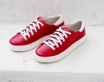 Red genuine leather sneakers,women genuine leather sneakers,extravagant red leather sneakers