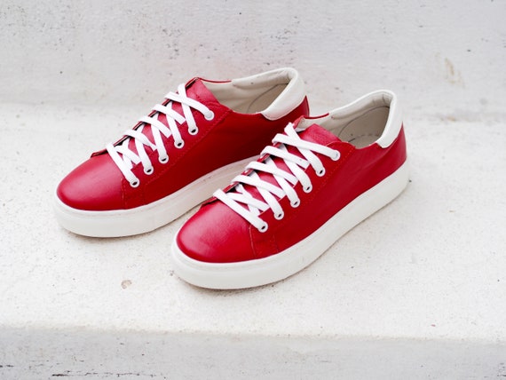 Zapatillas rojas de cuero genuino, zapatillas de deporte de cuero genuino  para mujer, zapatillas extravagantes de cuero rojo -  México