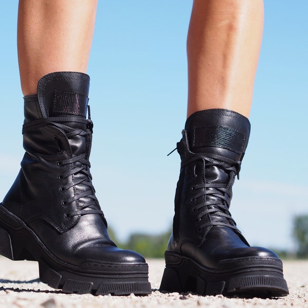 Women's genuine Leather Ankle Boots,Black leather combat boots,Women's  Leather Platform Boots,Women Leather Winter Boots