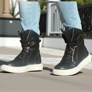 Men’s Black Leather Sneaker Boots, High Top Leather Sneakers, Handmade Designer Sneakers, Casual Leather Boots for Men image 4