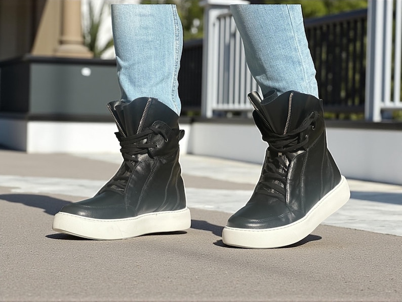 Men’s Black Leather Sneaker Boots, High Top Leather Sneakers, Handmade Designer Sneakers, Casual Leather Boots for Men image 4