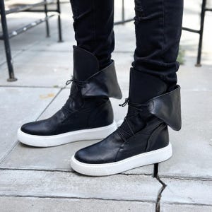 Men's Genuine leather Sneakers Boots,Mens Leather boots,Black leather boots for mens,Handmade men boots,Men leather high top sneakers Boots