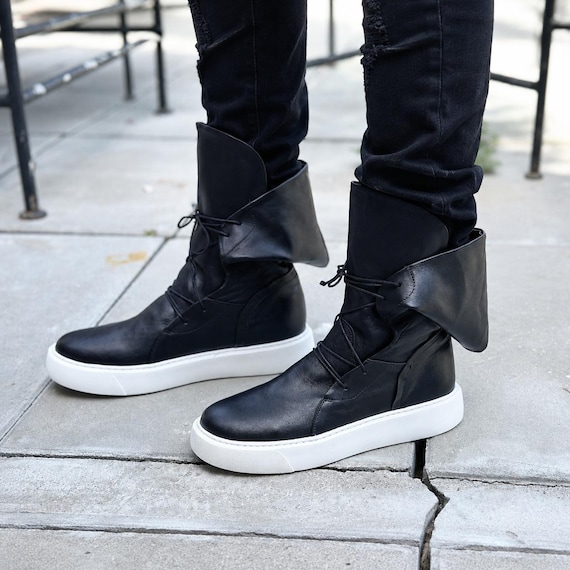 Men's Genuine leather Sneakers Boots,Mens Leather boots,Black leather boots for mens,Handmade men boots,Men leather high top sneakers Boots