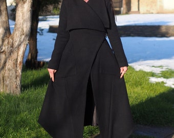 Extravagant wool asymmetric coat/Women wool coat/Wool Winter Coat/oversize wool coat/Black long coat /long wool coat/Stylish Long wool Coat