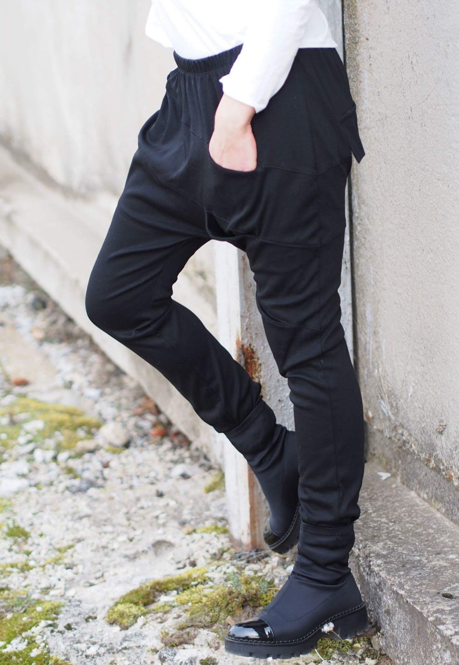 Drop Crotch Trousers in Black Paint